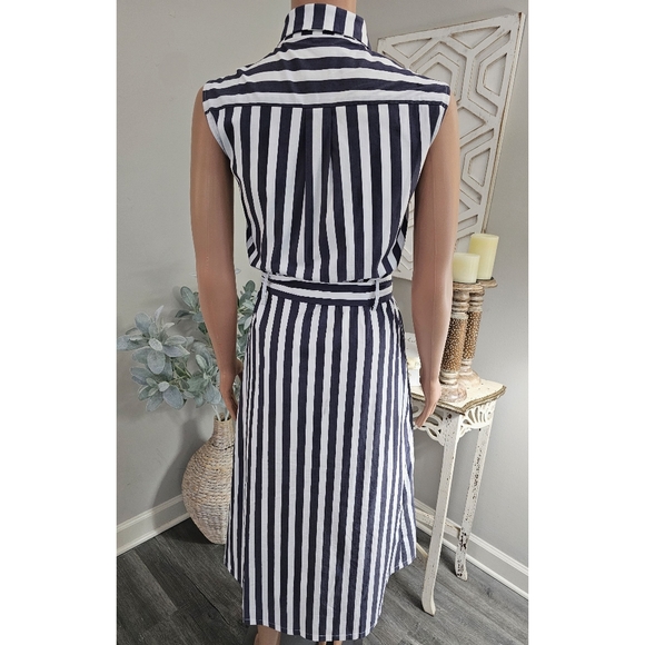 Court & Rowe Blue & White Striped Tie Waist Sleeveless Midi Shirt Dress Size 6 - Picture 2 of 8